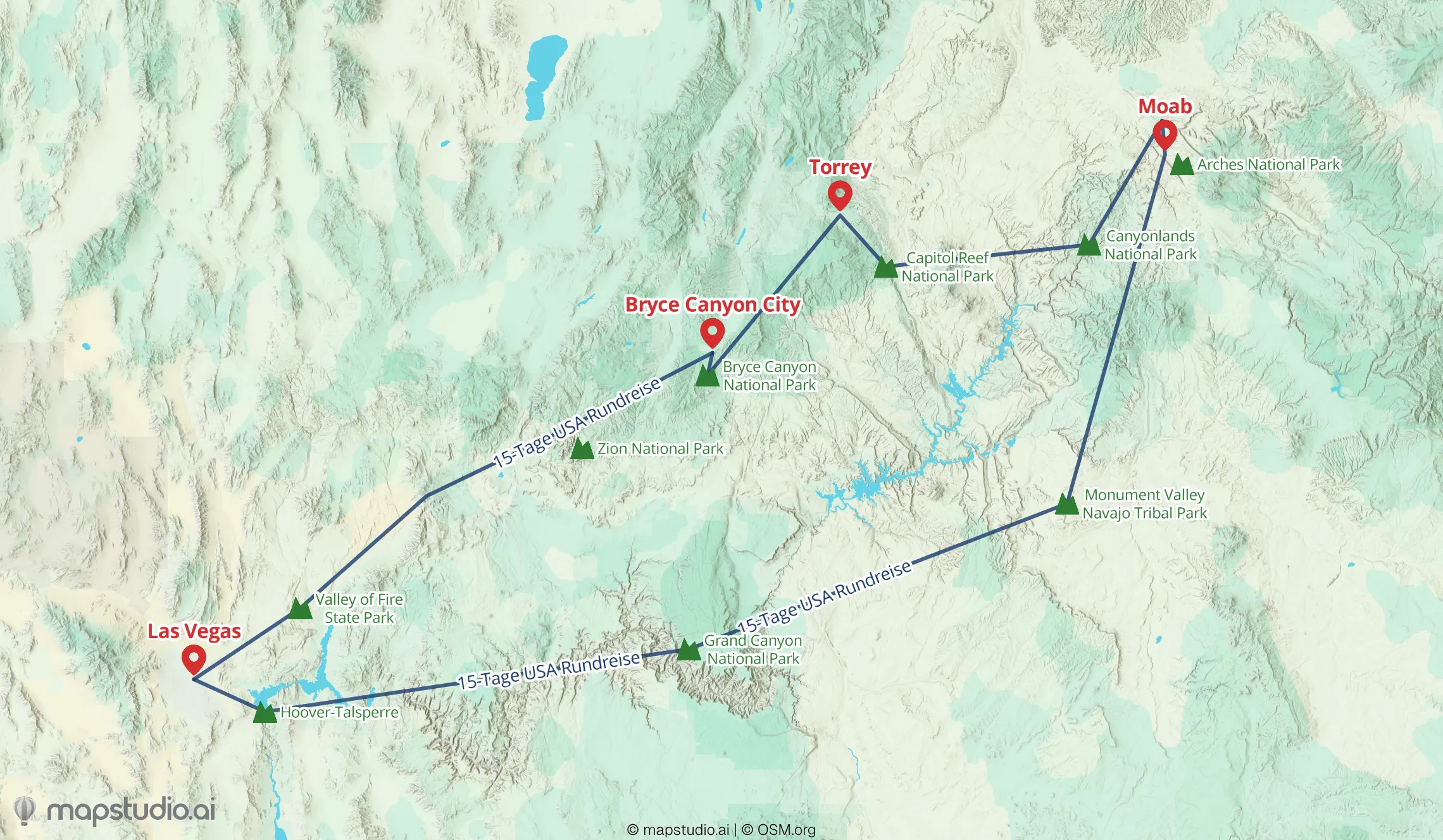 A USA Route on our 'Atlas' style with many stops and different national parks.