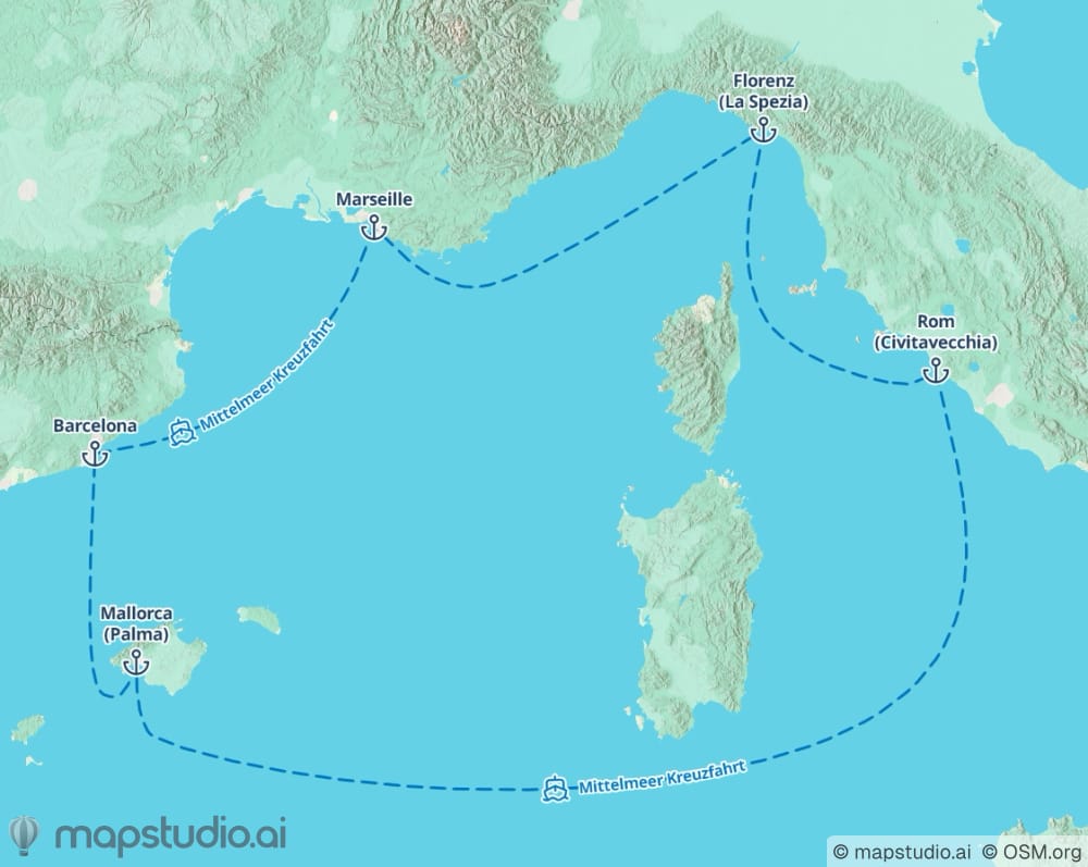 Example: Mediterranean cruise route with Genoa, Barcelona, Palma, Rome, Athens