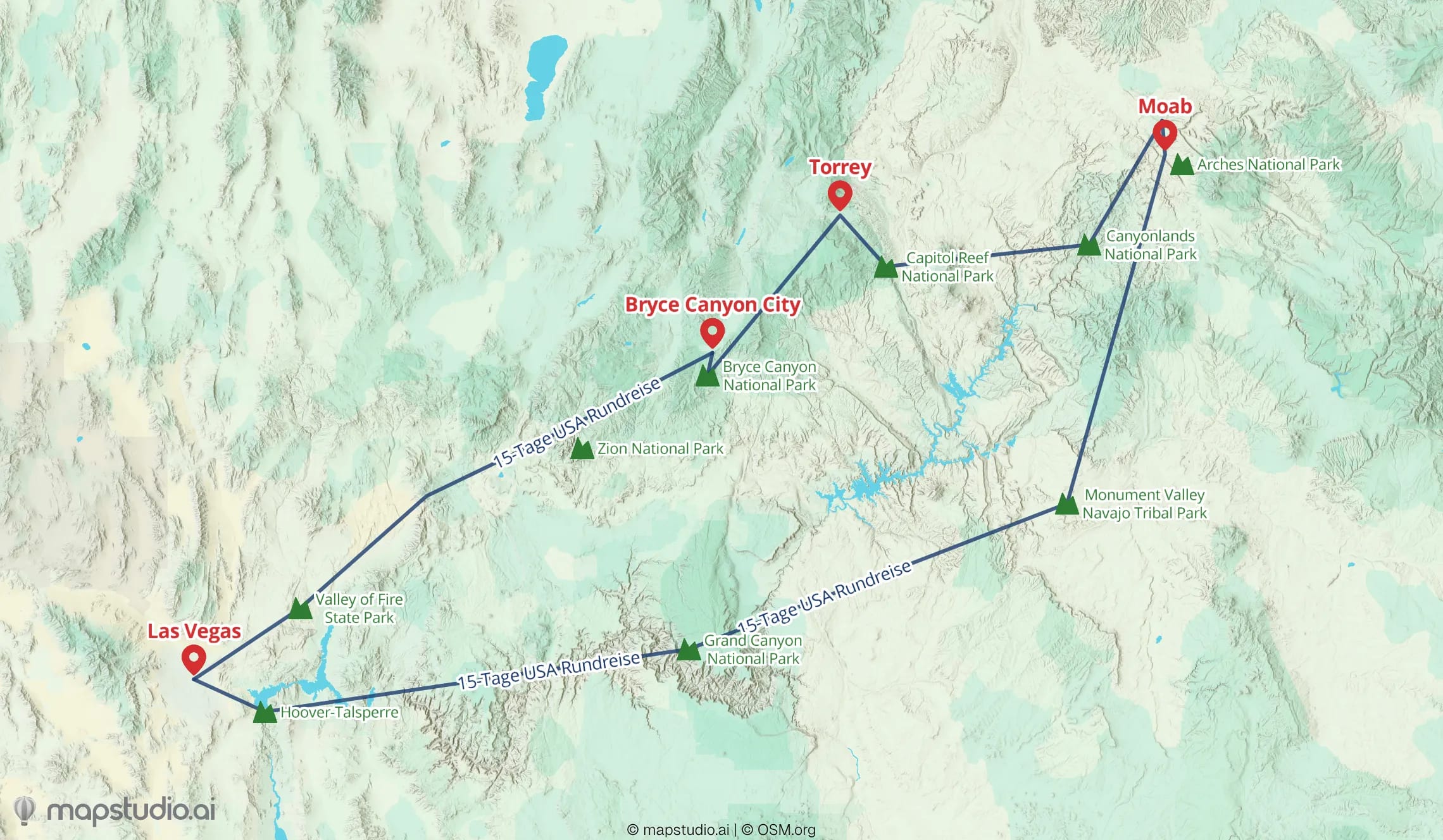 Beispiel-Standortkarte: USA-Route mit Niederlassungen und Stopps