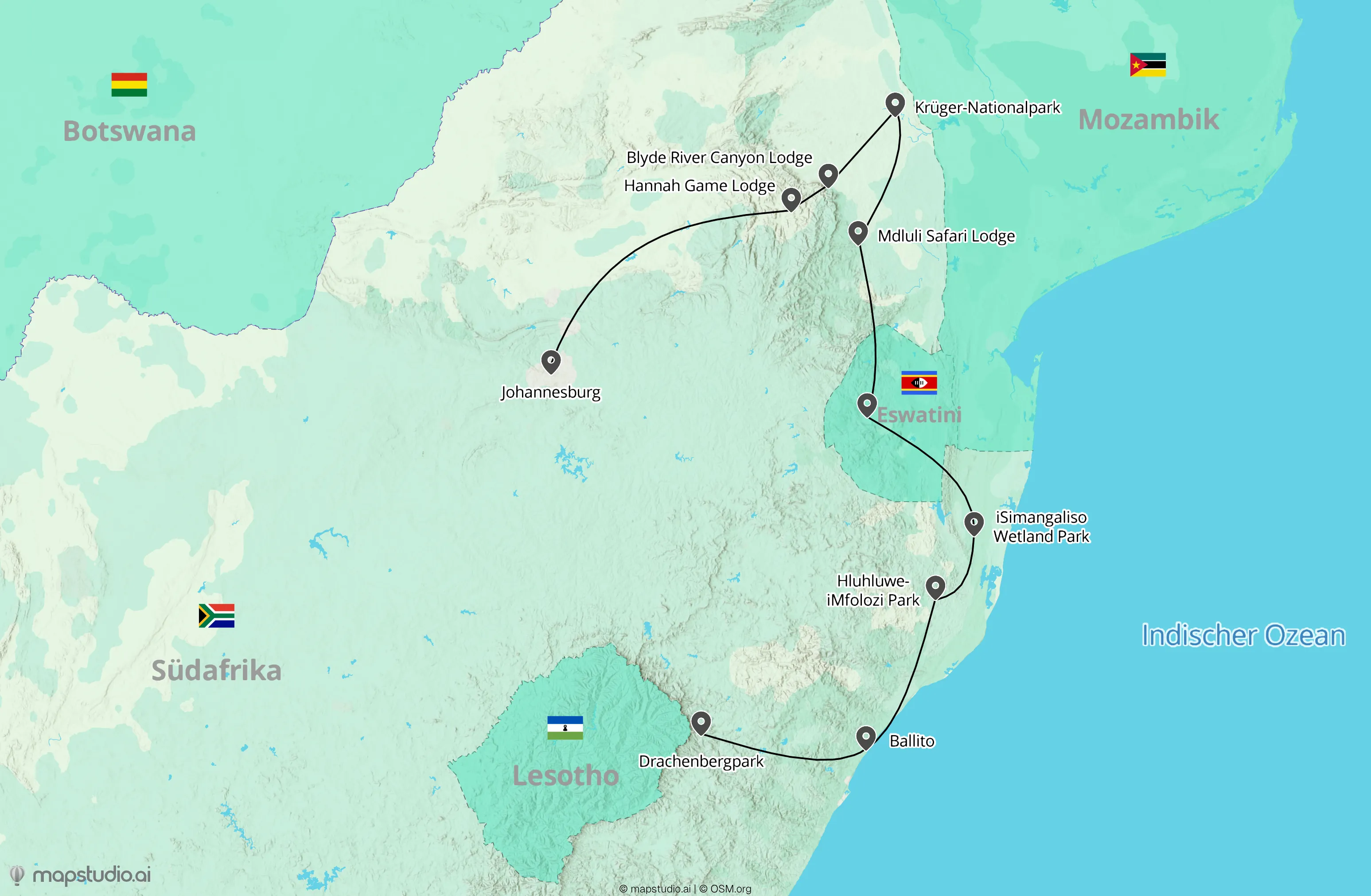Beispiel-Karte aus mapstudio: Südliches Afrika mit Safari-Lodges, Regionen und Routenführung