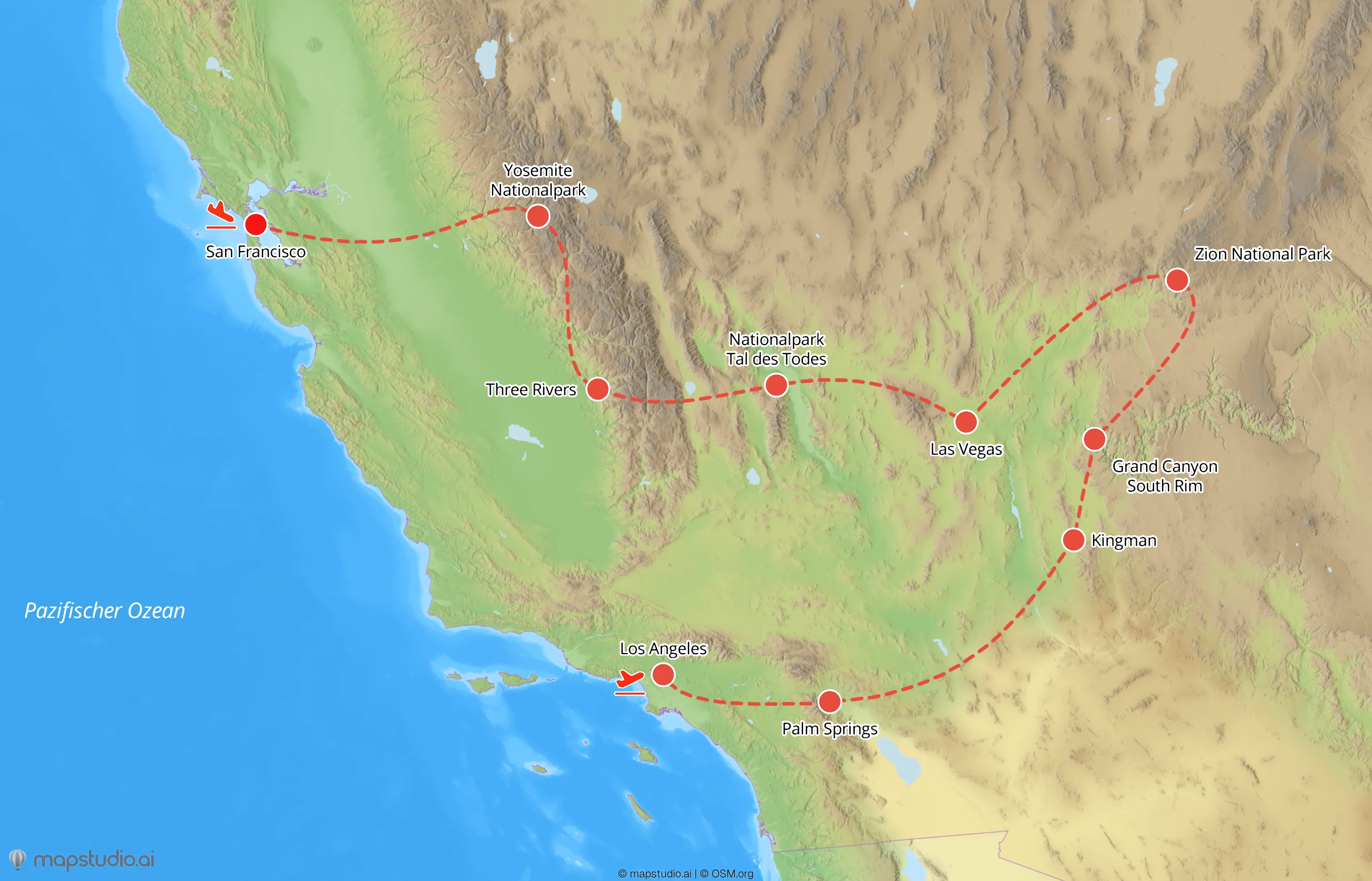 Sample mapstudio map: US west coast with stops for an editorial layout