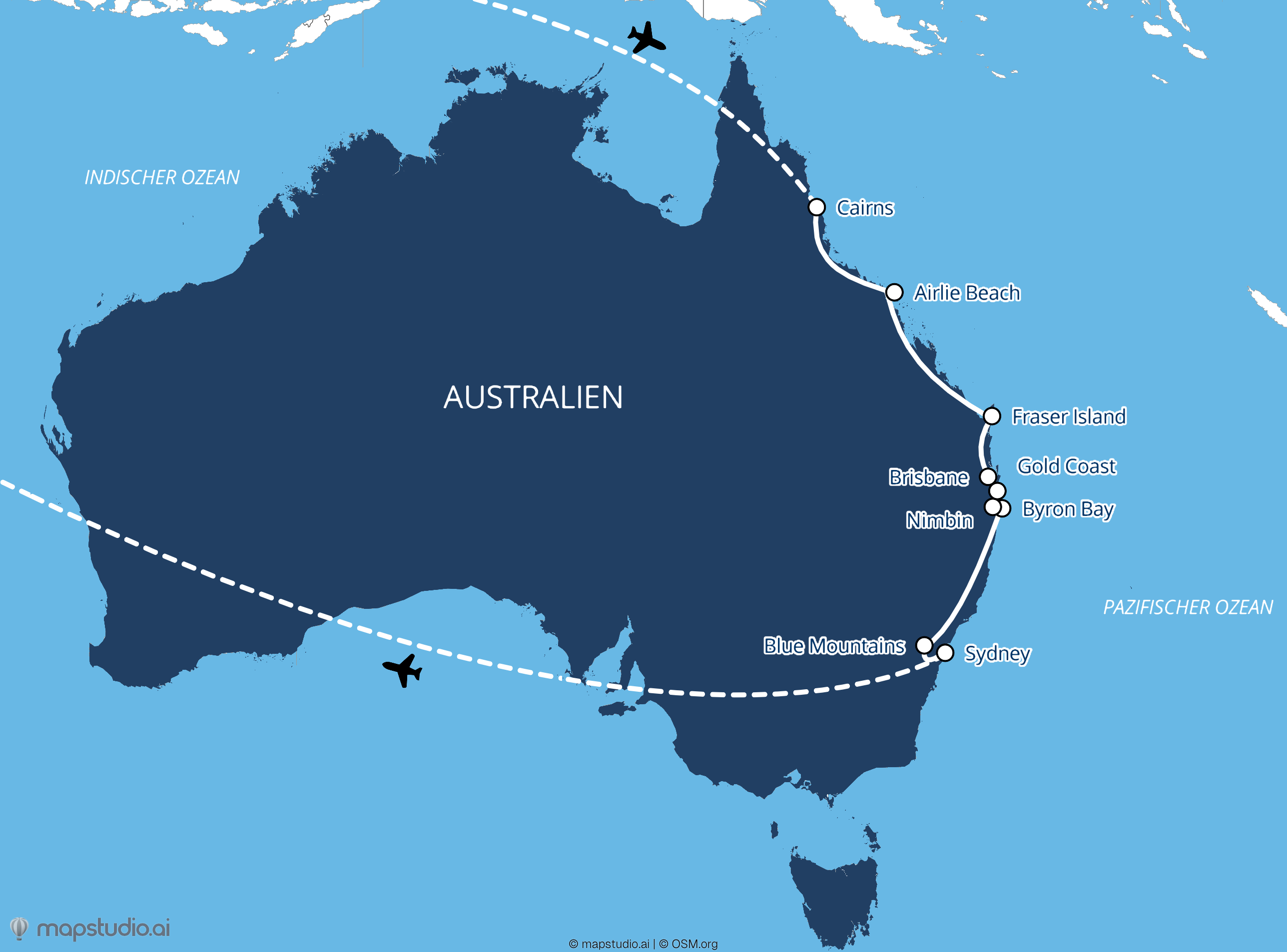 Beispiel: Ost-Australien-Reportage, Cairns, Airlie Beach, Sydney, Blue Mountains